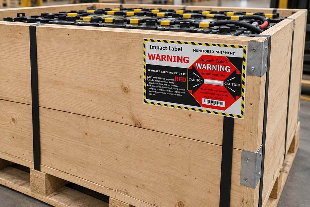 Industrial battery packed in a wooden crate with an Impact Label for shock monitoring during transportation.
