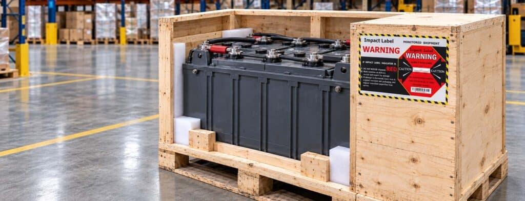 Minimize shipping damage on industrial batteries with shock indicators. Industrial lead-acid battery secured in a wooden crate with an Impact Label for shock monitoring during transportation.