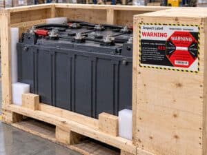 Industrial lead-acid battery packed in a wooden crate with an Impact Label for shock monitoring during transportation.